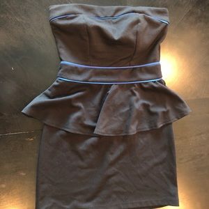 Black strapless mini dress.